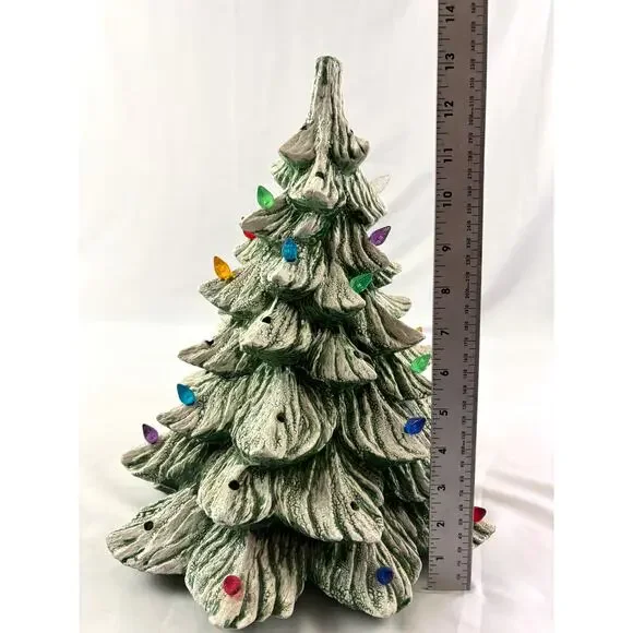 Vintage Ceramic Christmas Tree Green with White Snow Accent 13" Tall READ as is - Picture 3 of 14